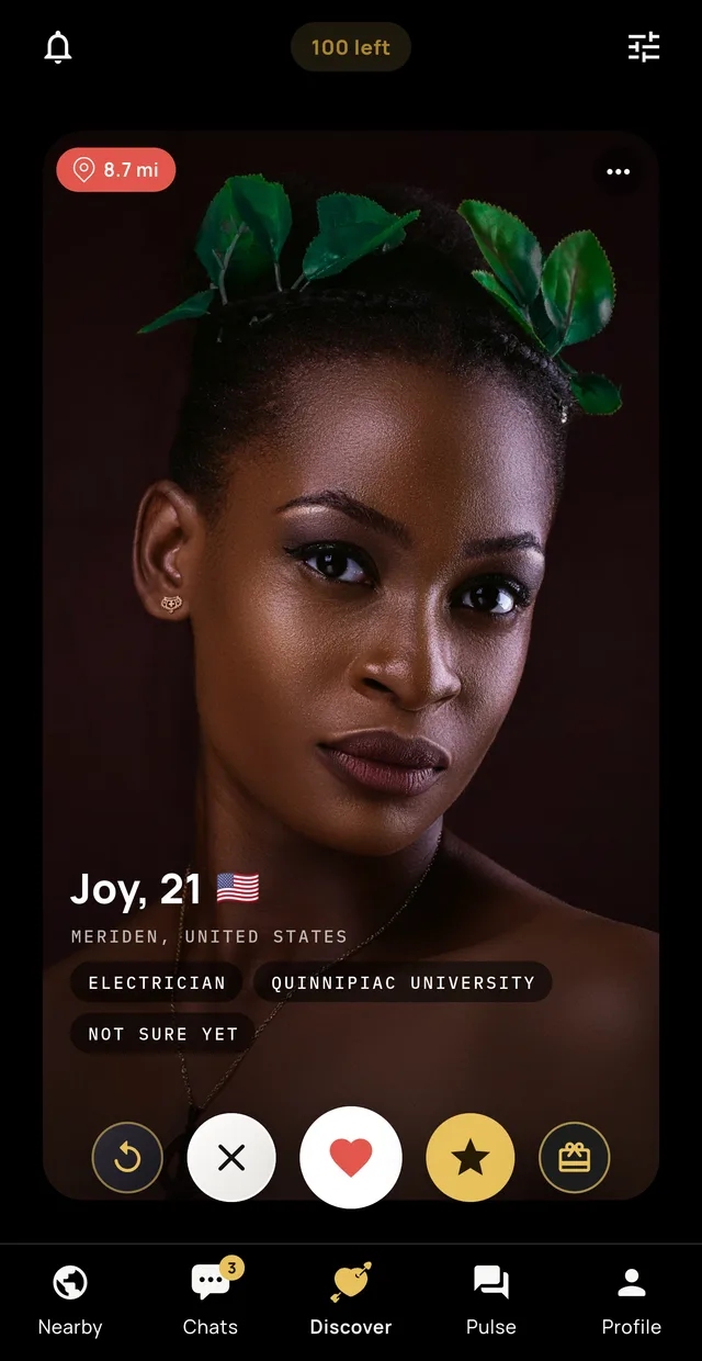 Marabou's Discover screen: a profile card for Joy, 21,
                        an electrician 8.7 miles away, with pass, like, super
                        like and gift buttons.