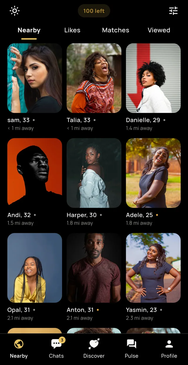 Marabou's Nearby screen: a grid of members with names,
                        ages and real distances in miles, and tabs for Likes,
                        Matches and Viewed.